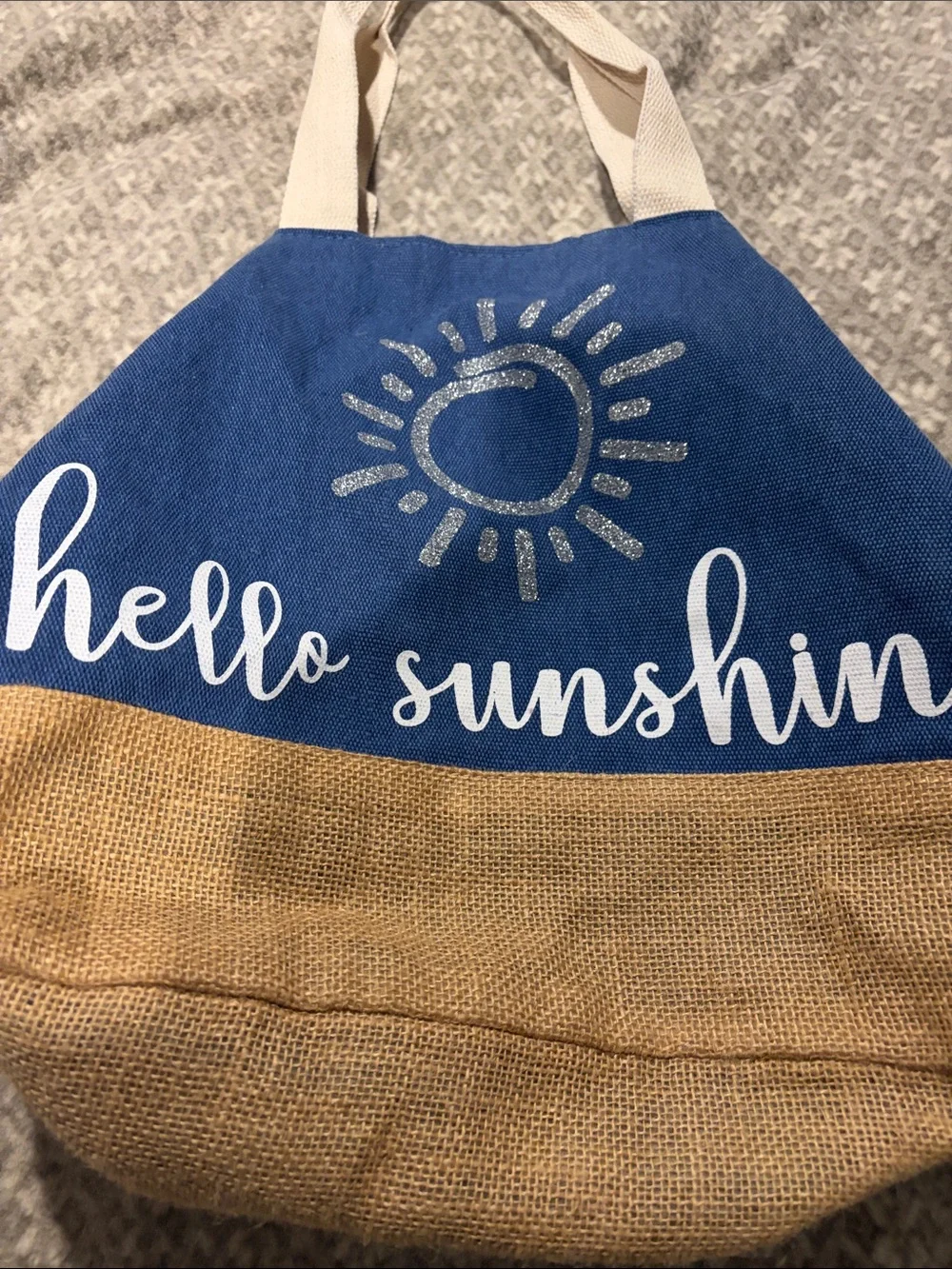 Hello Sunshine ~ Blue & Tan Cotton and jute Tote Bag with sparkling Glitter Sun